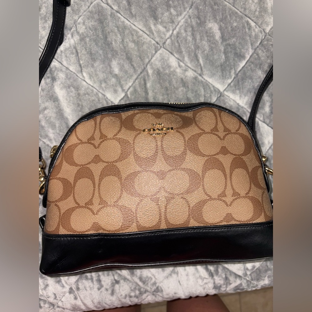 Coach Tan Signature Canvas Dome Crossbody with Black Trim